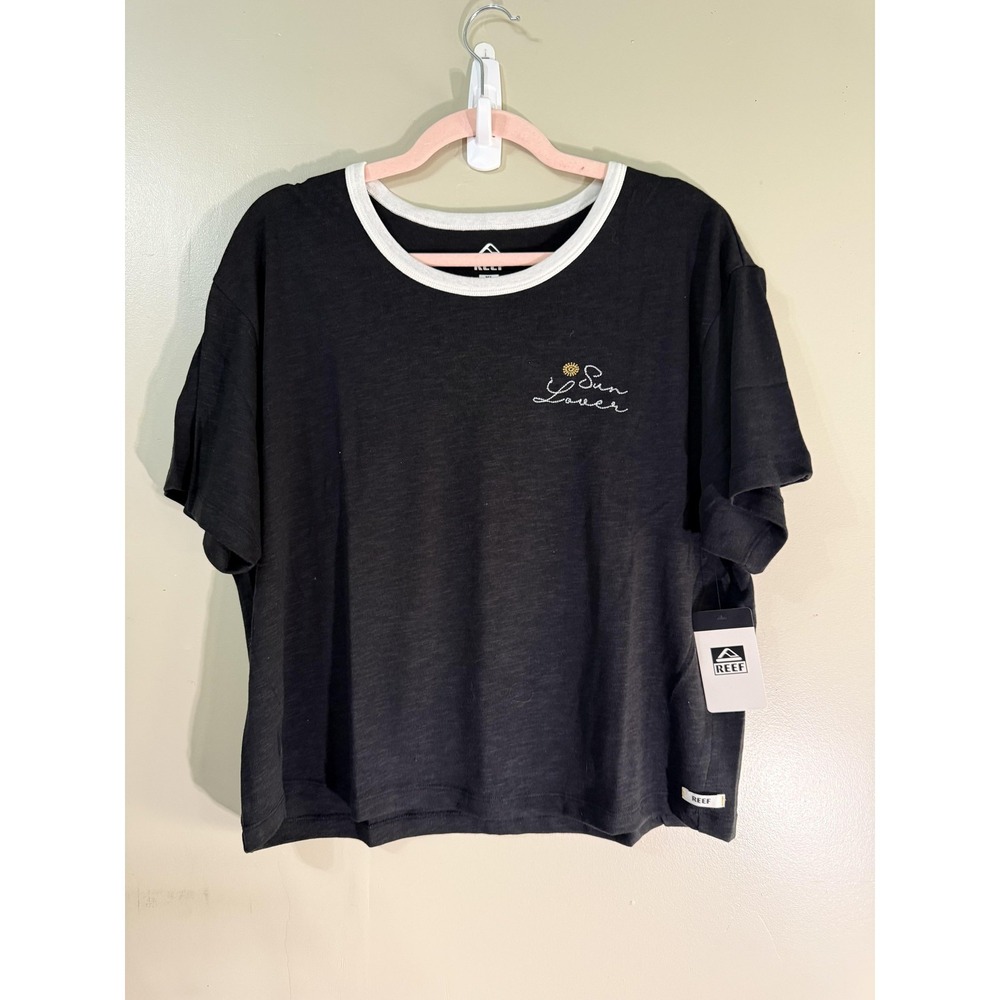 Reef T-Shirt Womens XL Gray Sun Lover Embroidered Ringer Tee Casual Lightweight